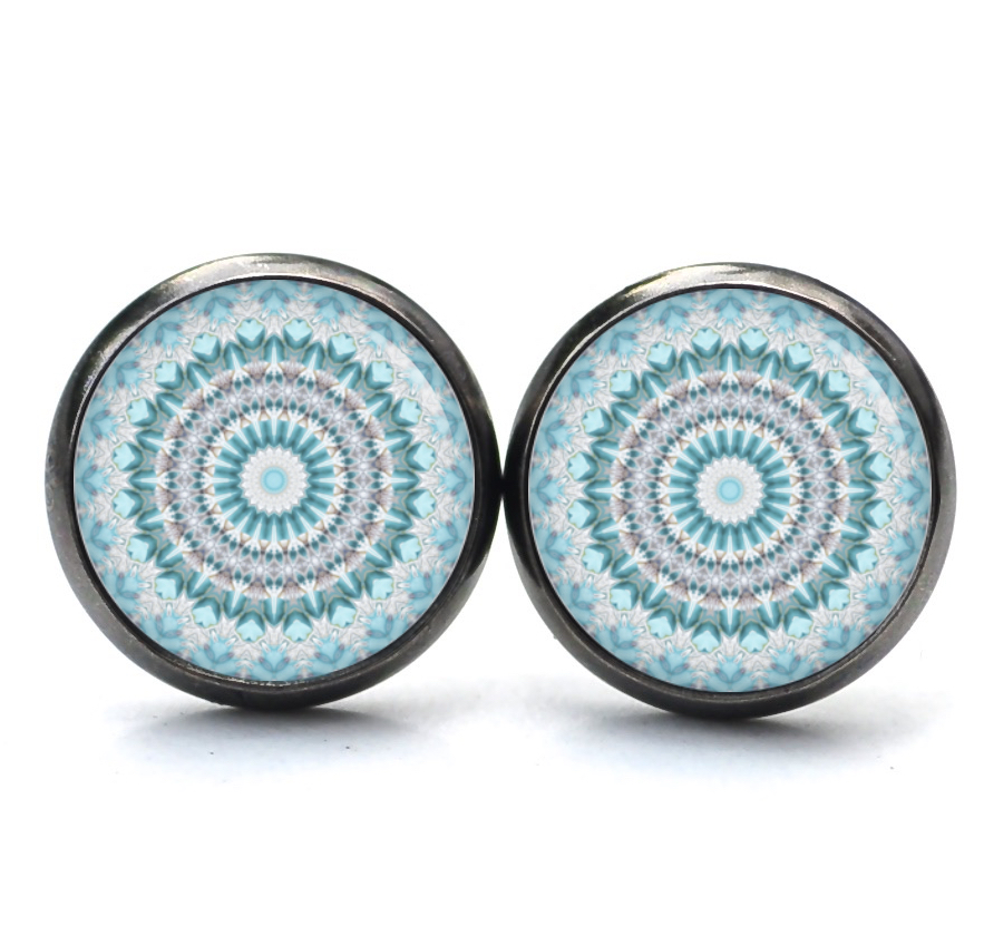 Ohrstecker, Ohrhänger, Clipse & Druckknopf – Motiv türkis graues Mandala Muster – Schmuck aus Edelstahl Ohrstecker, Ohrhänger, Clipse & Druckknopf – Motiv türkis graues Mandala Muster – Schmuck aus Edelstahl