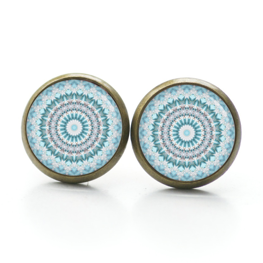 Ohrstecker, Ohrhänger, Clipse & Druckknopf – Motiv türkis graues Mandala Muster – Schmuck aus Edelstahl Ohrstecker, Ohrhänger, Clipse & Druckknopf – Motiv türkis graues Mandala Muster – Schmuck aus Edelstahl