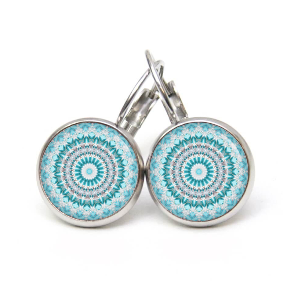 Ohrstecker, Ohrhänger, Clipse & Druckknopf – Motiv türkis graues Mandala Muster – Schmuck aus Edelstahl Ohrstecker, Ohrhänger, Clipse & Druckknopf – Motiv türkis graues Mandala Muster – Schmuck aus Edelstahl