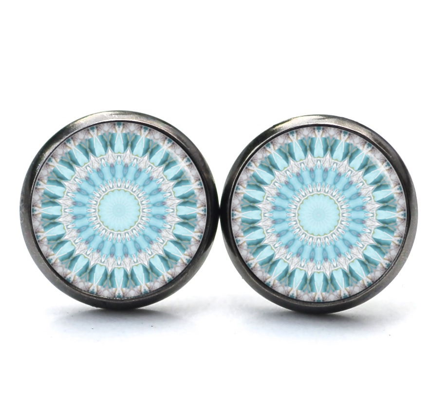 Ohrstecker, Ohrhänger, Clipse & Druckknopf – Motiv türkis graues Mandala – Schmuck aus Edelstahl Ohrstecker, Ohrhänger, Clipse & Druckknopf – Motiv türkis graues Mandala – Schmuck aus Edelstahl