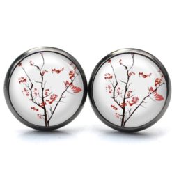 Ohrringe rote japanische Kirschblüten - Edelstahl