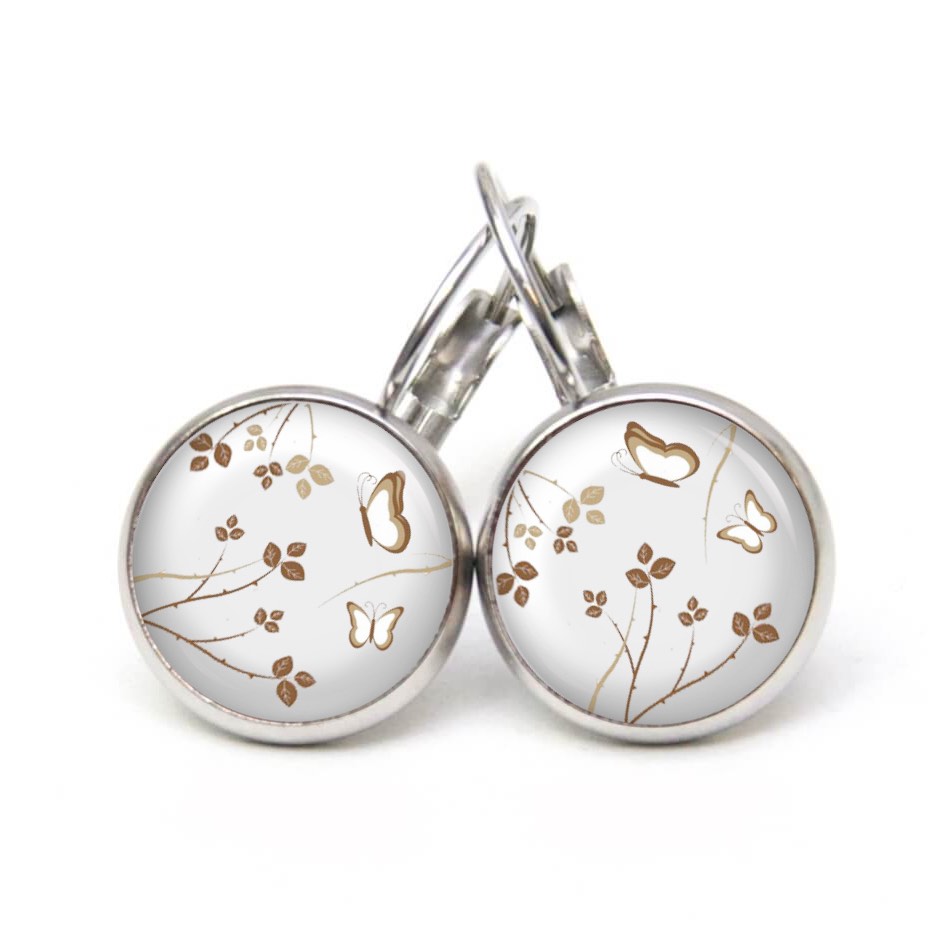 Ohrstecker, Ohrhänger, Clipse & Druckknopf – Motiv zarte Blumen mit Schmetterlingen – Schmuck aus Edelstahl Ohrstecker, Ohrhänger, Clipse & Druckknopf – Motiv zarte Blumen mit Schmetterlingen – Schmuck aus Edelstahl