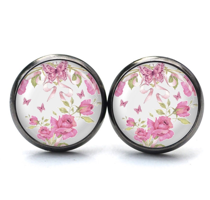 Ohrstecker, Ohrhänger, Clipse & Druckknopf – Motiv rosa Rosen Schmetterling – Schmuck aus Edelstahl Ohrstecker, Ohrhänger, Clipse & Druckknopf – Motiv rosa Rosen Schmetterling – Schmuck aus Edelstahl