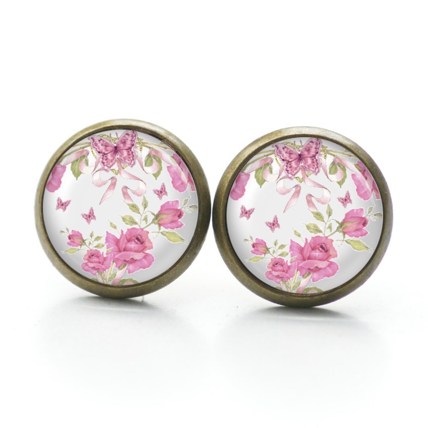 Ohrstecker, Ohrhänger, Clipse & Druckknopf – Motiv rosa Rosen Schmetterling – Schmuck aus Edelstahl Ohrstecker, Ohrhänger, Clipse & Druckknopf – Motiv rosa Rosen Schmetterling – Schmuck aus Edelstahl