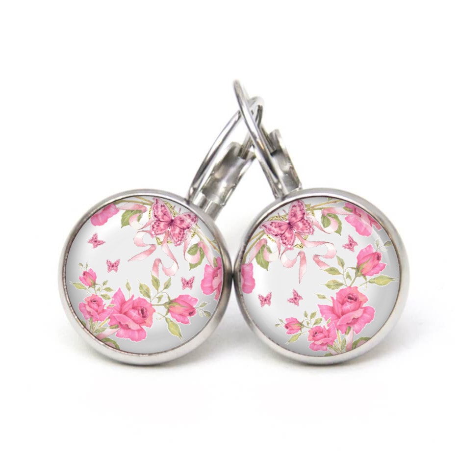 Ohrstecker, Ohrhänger, Clipse & Druckknopf – Motiv rosa Rosen Schmetterling – Schmuck aus Edelstahl Ohrstecker, Ohrhänger, Clipse & Druckknopf – Motiv rosa Rosen Schmetterling – Schmuck aus Edelstahl