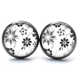 Druckknopf Ohrstecker Ohrhänger Clipse zarte Blumen in schwarz und weiß
