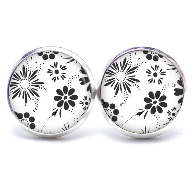 Ohrstecker, Ohrhänger, Clipse & Druckknopf – Motiv zarte Blumen in schwarz und weiß – Schmuck aus Edelstahl Ohrstecker, Ohrhänger, Clipse & Druckknopf – Motiv zarte Blumen in schwarz und weiß – Schmuck aus Edelstahl
