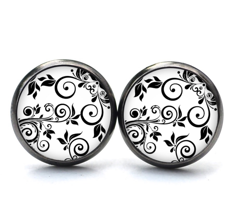 Ohrstecker, Ohrhänger, Clipse & Druckknopf – Motiv Blumenranken in schwarz und weiß – Schmuck aus Edelstahl Ohrstecker, Ohrhänger, Clipse & Druckknopf – Motiv Blumenranken in schwarz und weiß – Schmuck aus Edelstahl
