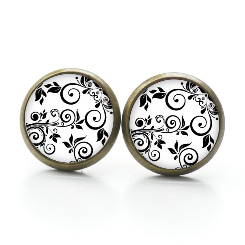 Ohrstecker, Ohrhänger, Clipse & Druckknopf – Motiv Blumenranken in schwarz und weiß – Schmuck aus Edelstahl Ohrstecker, Ohrhänger, Clipse & Druckknopf – Motiv Blumenranken in schwarz und weiß – Schmuck aus Edelstahl