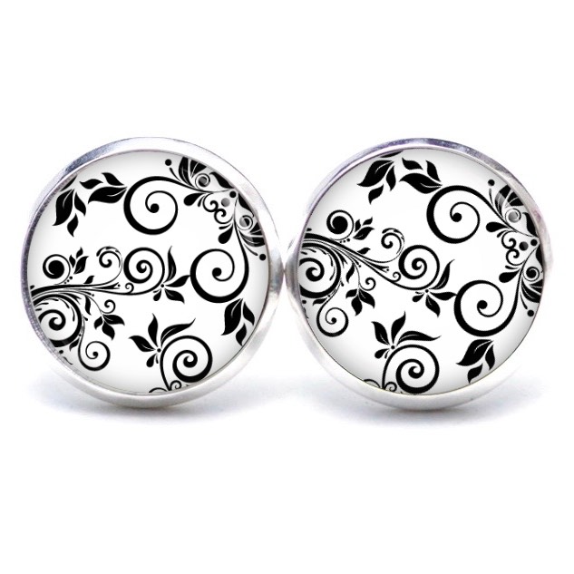 Ohrstecker, Ohrhänger, Clipse & Druckknopf – Motiv Blumenranken in schwarz und weiß – Schmuck aus Edelstahl Ohrstecker, Ohrhänger, Clipse & Druckknopf – Motiv Blumenranken in schwarz und weiß – Schmuck aus Edelstahl