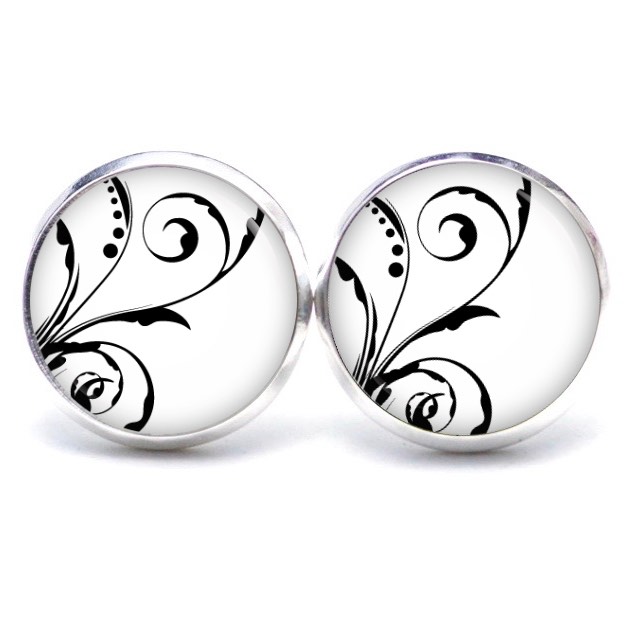 Ohrstecker, Ohrhänger, Clipse & Druckknopf – Motiv zarte Blumenranken in schwarz und weiß – Schmuck aus Edelstahl Ohrstecker, Ohrhänger, Clipse & Druckknopf – Motiv zarte Blumenranken in schwarz und weiß – Schmuck aus Edelstahl