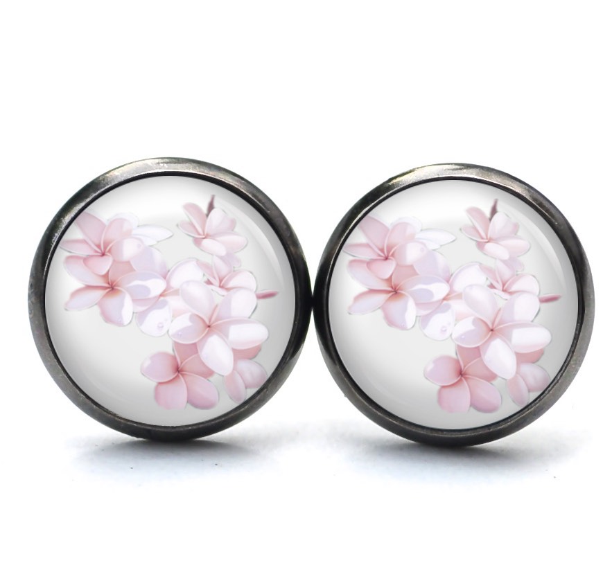 Ohrstecker, Ohrhänger, Clipse & Druckknopf – Motiv romantische Frangipani Blüten – Schmuck aus Edelstahl Ohrstecker, Ohrhänger, Clipse & Druckknopf – Motiv romantische Frangipani Blüten – Schmuck aus Edelstahl