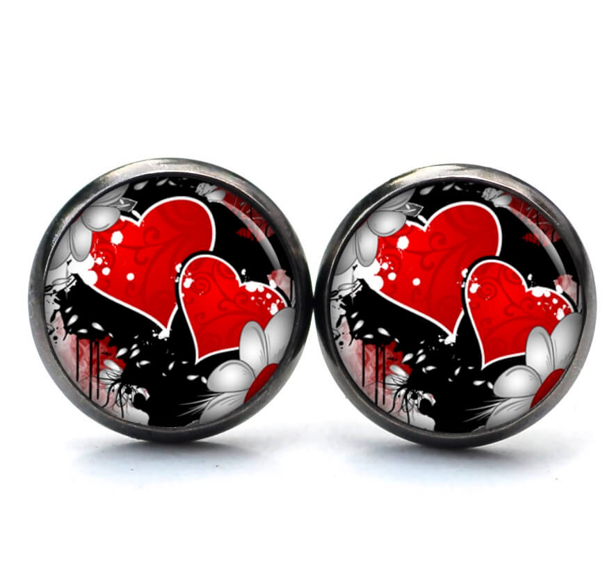 Ohrstecker, Ohrhänger, Clipse & Druckknopf – Motiv rotes Herzen mit Blumen – Schmuck aus Edelstahl Ohrstecker, Ohrhänger, Clipse & Druckknopf – Motiv rotes Herzen mit Blumen – Schmuck aus Edelstahl