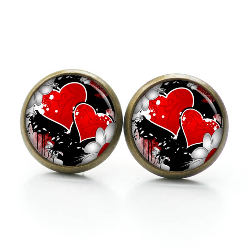 Ohrstecker, Ohrhänger, Clipse & Druckknopf – Motiv rotes Herzen mit Blumen – Schmuck aus Edelstahl Ohrstecker, Ohrhänger, Clipse & Druckknopf – Motiv rotes Herzen mit Blumen – Schmuck aus Edelstahl