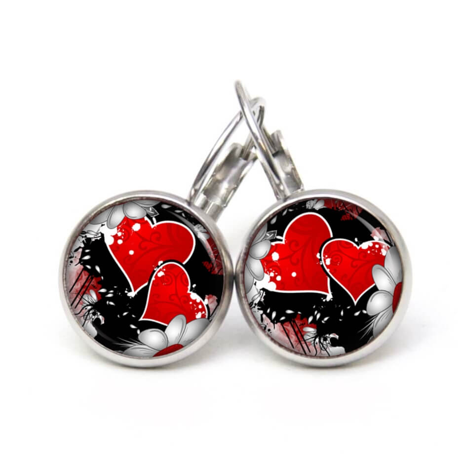 Ohrstecker, Ohrhänger, Clipse & Druckknopf – Motiv rotes Herzen mit Blumen – Schmuck aus Edelstahl Ohrstecker, Ohrhänger, Clipse & Druckknopf – Motiv rotes Herzen mit Blumen – Schmuck aus Edelstahl