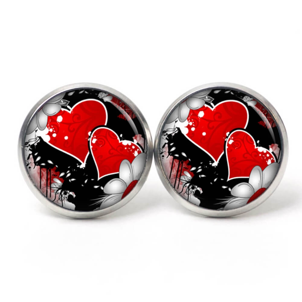 Ohrstecker, Ohrhänger, Clipse & Druckknopf – Motiv rotes Herzen mit Blumen – Schmuck aus Edelstahl Ohrstecker, Ohrhänger, Clipse & Druckknopf – Motiv rotes Herzen mit Blumen – Schmuck aus Edelstahl