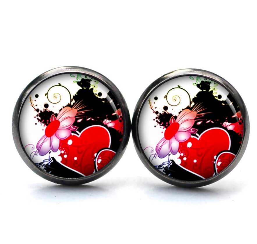 Ohrstecker, Ohrhänger, Clipse & Druckknopf – Motiv rotes Herz mit Blume – Schmuck aus Edelstahl Ohrstecker, Ohrhänger, Clipse & Druckknopf – Motiv rotes Herz mit Blume – Schmuck aus Edelstahl