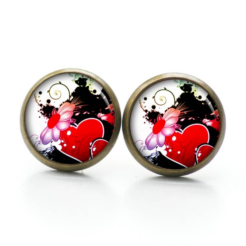 Ohrstecker, Ohrhänger, Clipse & Druckknopf – Motiv rotes Herz mit Blume – Schmuck aus Edelstahl Ohrstecker, Ohrhänger, Clipse & Druckknopf – Motiv rotes Herz mit Blume – Schmuck aus Edelstahl