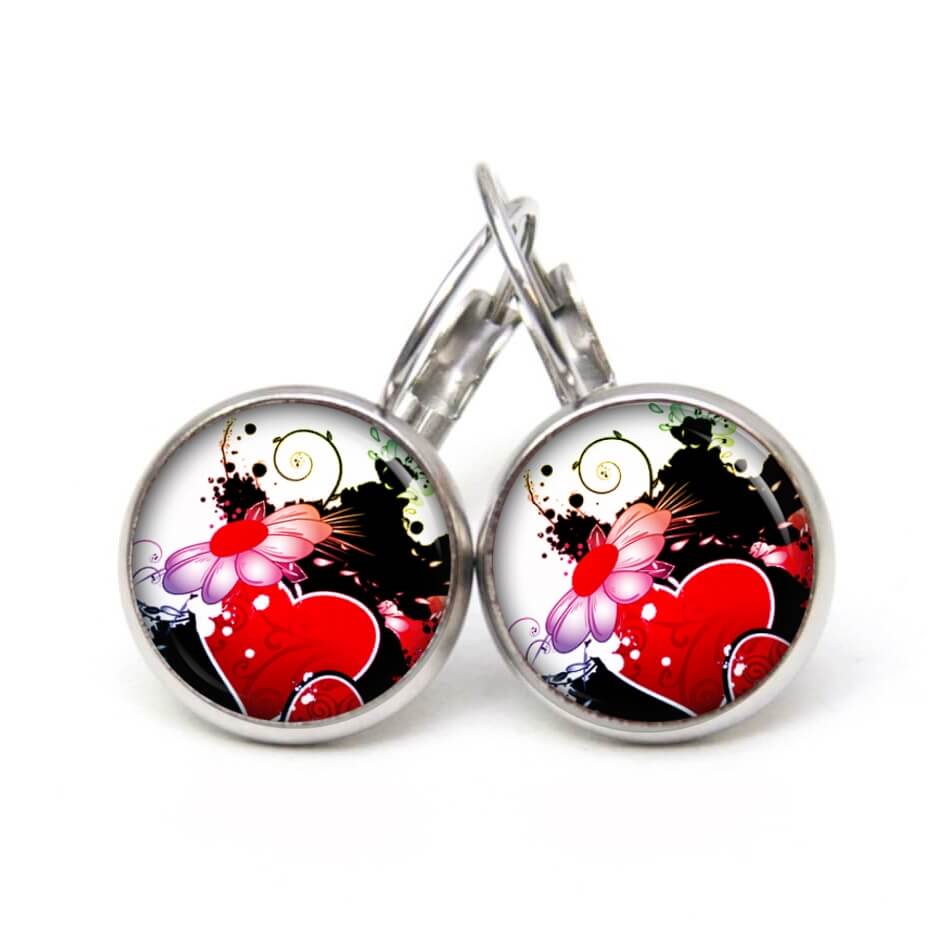 Ohrstecker, Ohrhänger, Clipse & Druckknopf – Motiv rotes Herz mit Blume – Schmuck aus Edelstahl Ohrstecker, Ohrhänger, Clipse & Druckknopf – Motiv rotes Herz mit Blume – Schmuck aus Edelstahl
