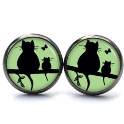 Druckknopf Ohrstecker Ohrhänger Clipse Katze und Babykatze mit Schmetterling in Grün