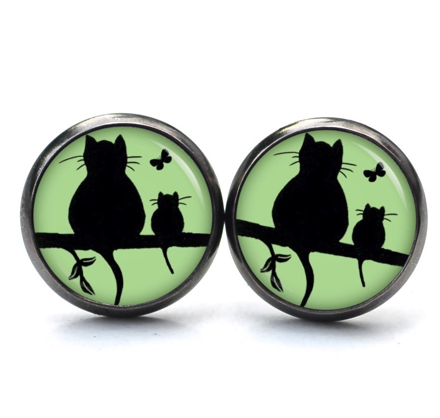 Druckknopf Ohrstecker Ohrhänger Clipse Katze und Babykatze mit Schmetterling in Grün Druckknopf Ohrstecker Ohrhänger Clipse Katze und Babykatze mit Schmetterling in Grün