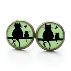 Druckknopf Ohrstecker Ohrhänger Clipse Katze und Babykatze mit Schmetterling in Grün