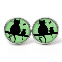 Druckknopf Ohrstecker Ohrhänger Clipse Katze und Babykatze mit Schmetterling in Grün