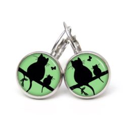 Druckknopf Ohrstecker Ohrhänger Clipse Katze und Babykatze mit Schmetterling in Grün