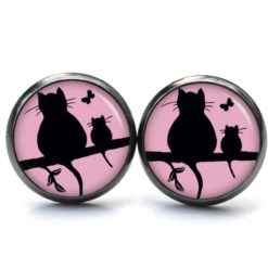 Druckknopf Ohrstecker Ohrhänger Clipse Katze und Babykatze mit Schmetterling in rosa