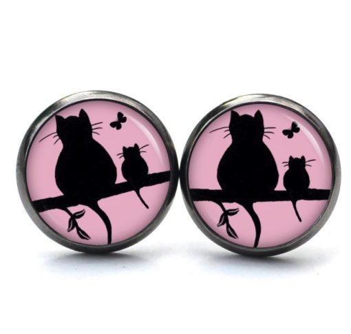 Druckknopf Ohrstecker Ohrhänger Clipse Katze und Babykatze mit Schmetterling in rosa