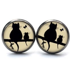 Druckknopf Ohrstecker Ohrhänger Clipse Katze und Babykatze mit Schmetterling in beige