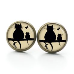 Druckknopf Ohrstecker Ohrhänger Clipse Katze und Babykatze mit Schmetterling in beige