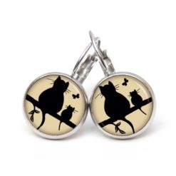 Druckknopf Ohrstecker Ohrhänger Clipse Katze und Babykatze mit Schmetterling in beige