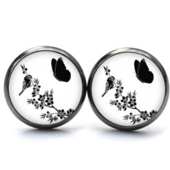 Druckknopf Ohrstecker Ohrhänger schwarz und weiß Schmetterling mit Vogel