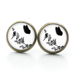 Druckknopf Ohrstecker Ohrhänger schwarz und weiß Schmetterling mit Vogel