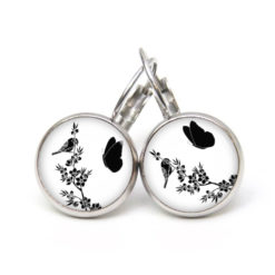 Druckknopf Ohrstecker Ohrhänger schwarz und weiß Schmetterling mit Vogel