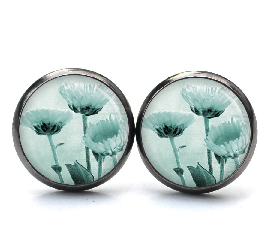 Ohrstecker, Ohrhänger, Clipse & Druckknopf – Motiv türkise Blumen – Schmuck aus Edelstahl Ohrstecker, Ohrhänger, Clipse & Druckknopf – Motiv türkise Blumen – Schmuck aus Edelstahl