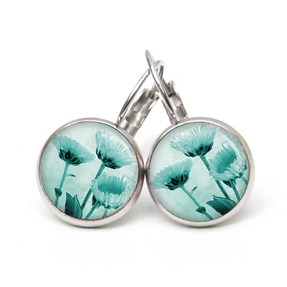 Ohrstecker, Ohrhänger, Clipse & Druckknopf – Motiv türkise Blumen – Schmuck aus Edelstahl Ohrstecker, Ohrhänger, Clipse & Druckknopf – Motiv türkise Blumen – Schmuck aus Edelstahl