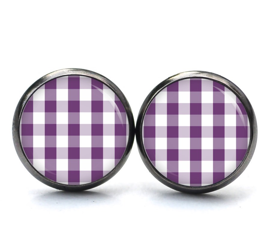 Ohrstecker, Ohrhänger, Clipse & Druckknopf – Motiv kariert violett weiß – Schmuck aus Edelstahl Ohrstecker, Ohrhänger, Clipse & Druckknopf – Motiv kariert violett weiß – Schmuck aus Edelstahl