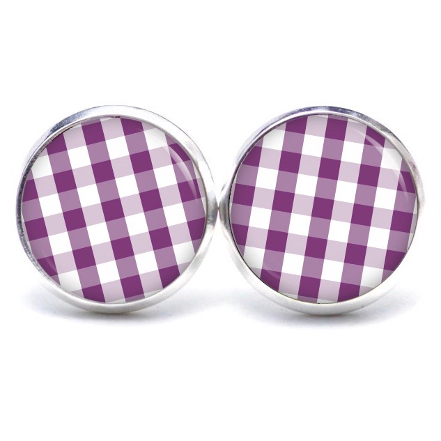 Ohrstecker, Ohrhänger, Clipse & Druckknopf – Motiv kariert violett weiß – Schmuck aus Edelstahl Ohrstecker, Ohrhänger, Clipse & Druckknopf – Motiv kariert violett weiß – Schmuck aus Edelstahl