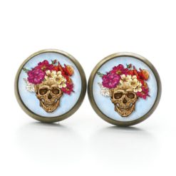 Ohrringe Totenkopf mit Blumen Frühling Hellblau - Edelstahl