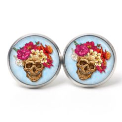 Ohrstecker, Ohrhänger, Clipse & Druckknopf – Motiv Totenkopf mit Blumen Frühling Hellblau – Schmuck aus Edelstahl