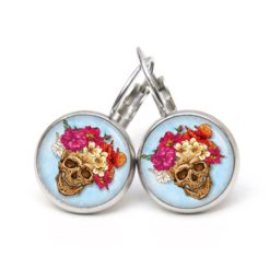 Ohrringe Totenkopf mit Blumen Frühling Hellblau - Edelstahl