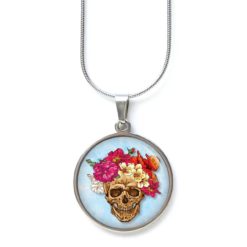 Kette Totenkopf mit Blumen Frühling Hellblau - Edelstahl