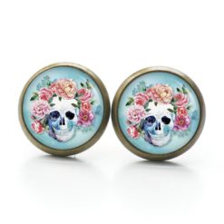 Ohrringe Totenkopf Blumen Frühling Türkis - Edelstahl