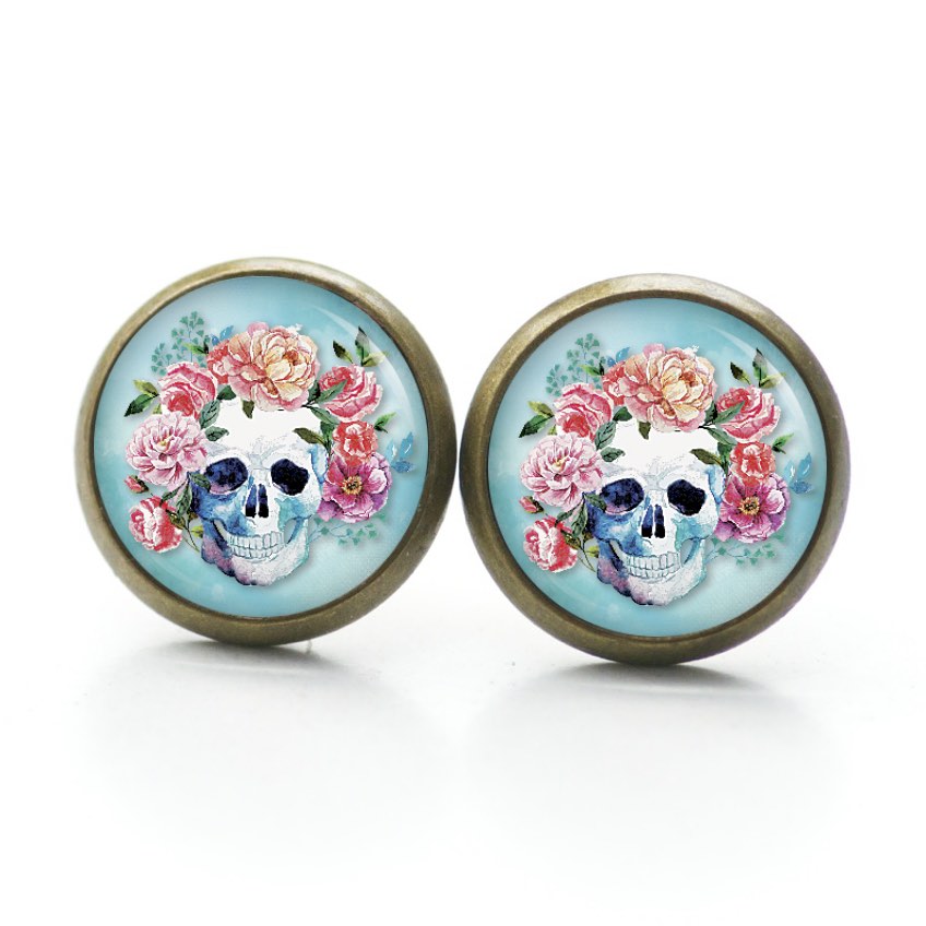 Ohrstecker, Ohrhänger, Clipse & Druckknopf – Motiv Totenkopf mit Blumen Frühling Türkis – Schmuck aus Edelstahl Ohrstecker, Ohrhänger, Clipse & Druckknopf – Motiv Totenkopf mit Blumen Frühling Türkis – Schmuck aus Edelstahl