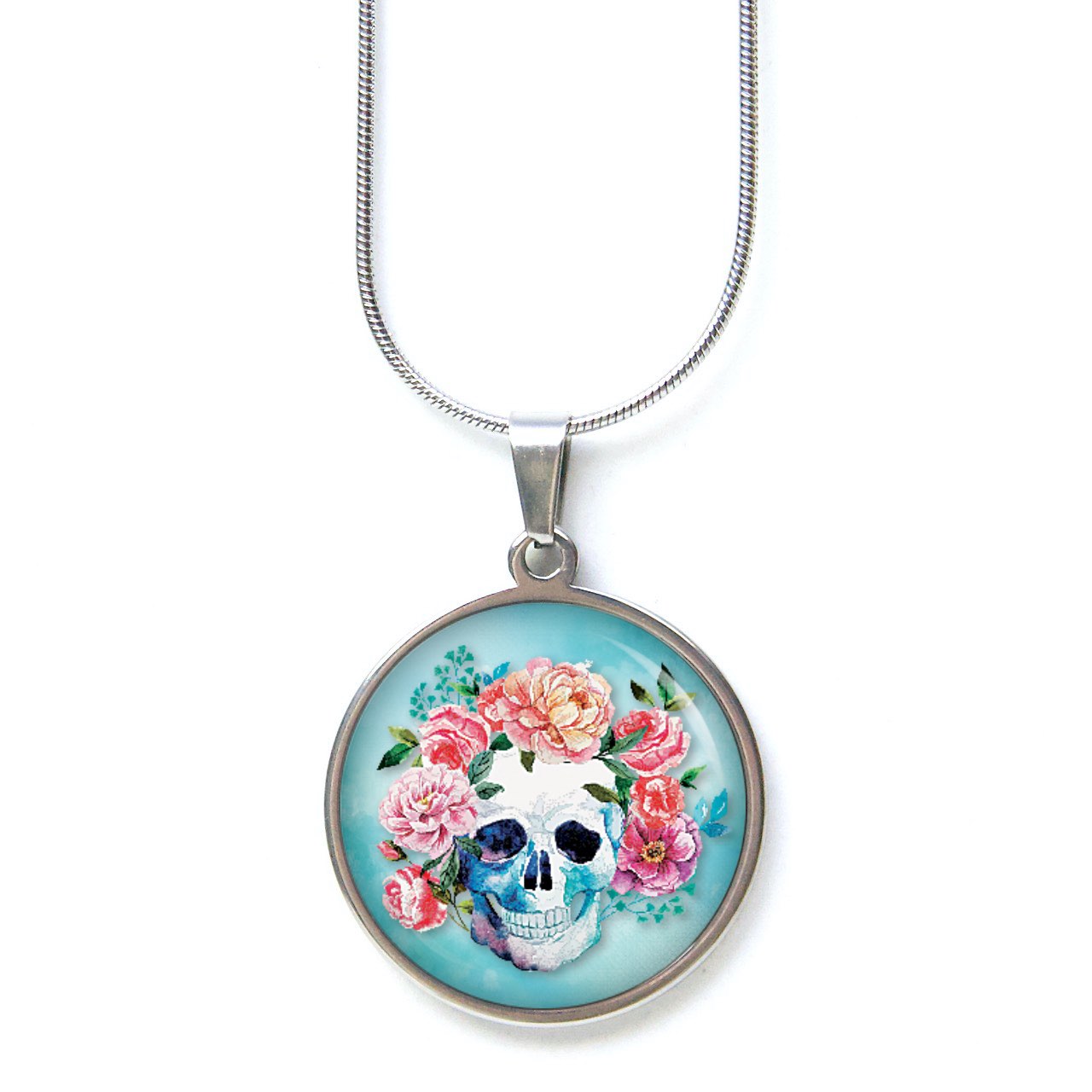 Ohrstecker, Ohrhänger, Clipse & Druckknopf – Motiv Totenkopf mit Blumen Frühling Türkis – Schmuck aus Edelstahl Ohrstecker, Ohrhänger, Clipse & Druckknopf – Motiv Totenkopf mit Blumen Frühling Türkis – Schmuck aus Edelstahl