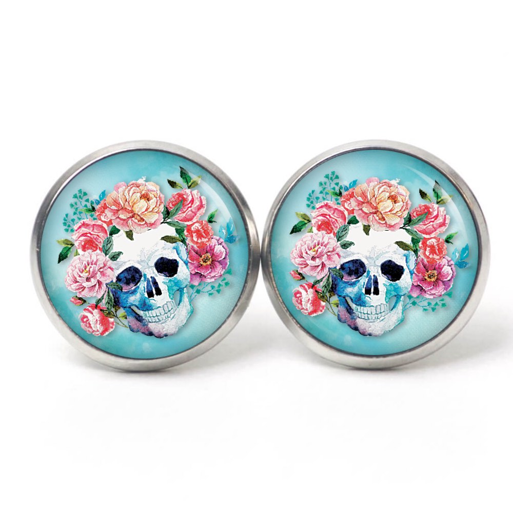 Ohrstecker, Ohrhänger, Clipse & Druckknopf – Motiv Totenkopf mit Blumen Frühling Türkis – Schmuck aus Edelstahl Ohrstecker, Ohrhänger, Clipse & Druckknopf – Motiv Totenkopf mit Blumen Frühling Türkis – Schmuck aus Edelstahl