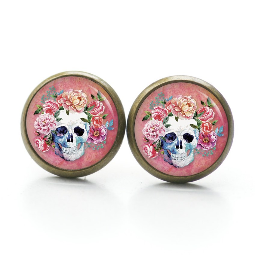 Ohrstecker, Ohrhänger, Clipse & Druckknopf – Motiv Totenkopf mit Blumen Frühling Rosarot – Schmuck aus Edelstahl Ohrstecker, Ohrhänger, Clipse & Druckknopf – Motiv Totenkopf mit Blumen Frühling Rosarot – Schmuck aus Edelstahl