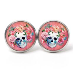 Ohrstecker, Ohrhänger, Clipse & Druckknopf – Motiv Totenkopf mit Blumen Frühling Rosarot – Schmuck aus Edelstahl